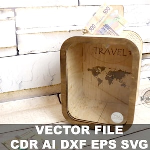 Wooden piggy bank with acrylic wall and your engraving vector file for laser CNC cutting cdr ai dxf eps svg