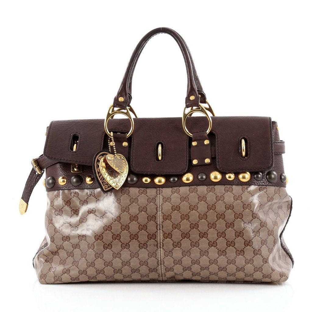 Gucci Babouska Belted Satchel GG Coated Canvas and Leather XL Tote Bag Brown