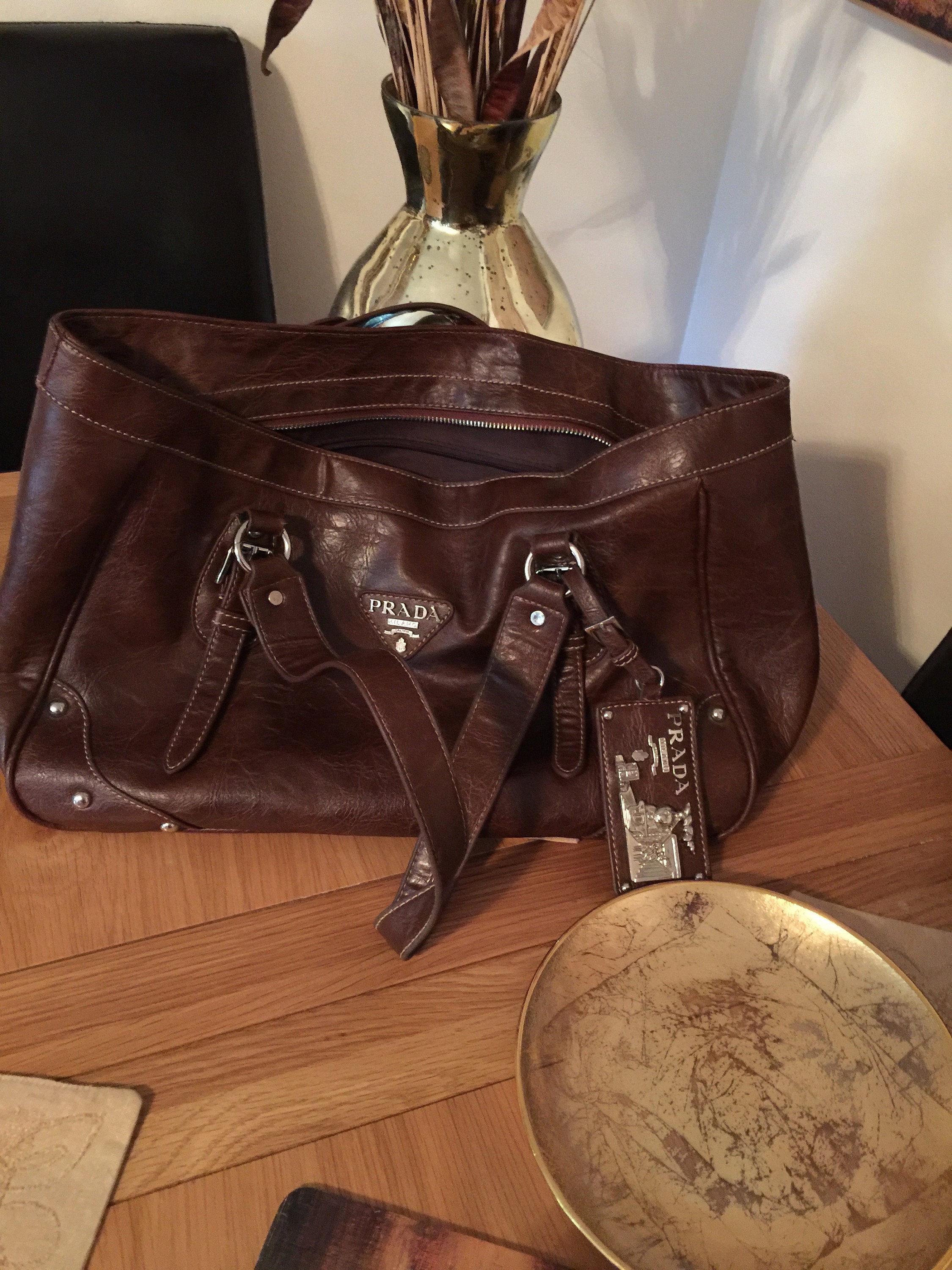 Prada Dark Brown Leather Belt Buckle Tote Bag 455pr62