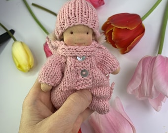 Made for order. Waldorf tiny pocket baby doll 5 1/2 inch 14 cm Waldorf inspired ecofriendly toy Natural fiber doll Soft doll