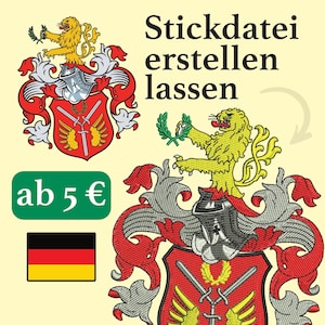 Könnte beinhalten: Eine digitale Stickdatei für ein Wappen mit einem Löwen, einem Helm und Schwertern. Die Datei ist für 5 € erhältlich. Das Bild zeigt auch die deutsche Flagge.