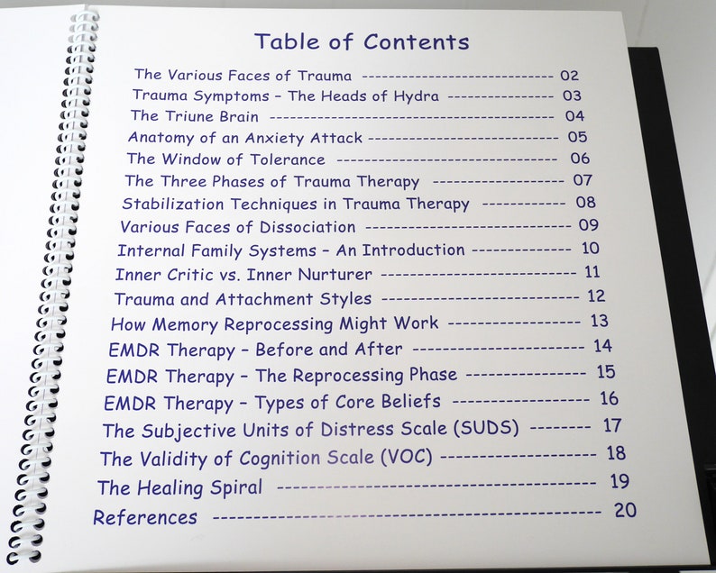 May include: A page from a book with a table of contents listing topics related to trauma therapy. The topics include "The Various Faces of Trauma", "Trauma Symptoms", "The Triune Brain", "Anatomy of an Anxiety Attack", "The Window of Tolerance", "The Three Phases of Trauma Therapy", "Stabilization Techniques in Trauma Therapy", "Various Faces of Dissociation", "Internal Family Systems", "Inner Critic vs. Inner Nurturer", "Trauma and Attachment Styles", "How Memory Reprocessing Might Work", "EMDR Therapy - Before and After", "EMDR Therapy - The Reprocessing Phase", "EMDR Therapy - Types of Core Beliefs", "The Subjective Units of Distress Scale (SUDS)", "The Validity of Cognition Scale (VOC)", "The Healing Spiral", and "References".