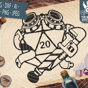 May include: A black and white illustration of a 20-sided die with a steampunk design. The die is surrounded by gears, goggles, and a wrench.