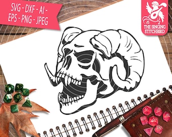 Demon Skull SVG DXF, Descarga instantánea, Uso comercial de gráficos Stitchbird, Silhouette Studio Cricut, Imágenes prediseñadas de Halloween, Archivo de corte, Cuernos