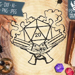 May include: A black and white illustration of a 20-sided die with two crossed pistols behind it. The die is surrounded by smoke.