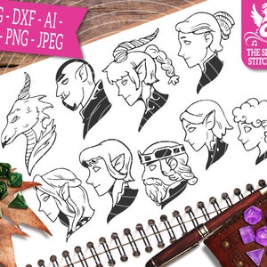 May include: Black and white line art illustrations of eight fantasy characters, including a dragon, a king, and elves. The illustrations are on a white background.