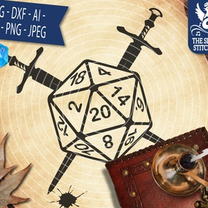 D20 - Swords - White SVG, Dungeons and Dragons Commercial Use, Silhouette SVG, Silhouette Studio Cricut, Eps Dxf DnD svg D20 svg DM Svg rpg