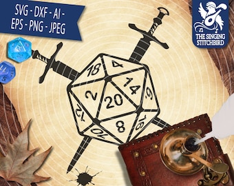 D20 - Espadas - SVG blanco, uso comercial de mazmorras y dragones, silueta SVG, silueta Studio Cricut, Eps Dxf DnD svg D20 svg DM Svg rpg