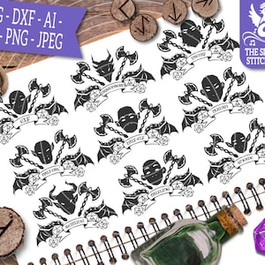 May include: A set of nine black and white digital illustrations of Dungeons and Dragons character classes. Each illustration features a character's head, a set of weapons, and a D20 die. The character classes are Elf, Dragonborn, Half-Orc, Halfling, Dwarf, Gnome, and Goliath.