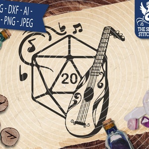May include: A black and white illustration of a 20-sided die with a musical note design and a lute. The die is a common element in tabletop role-playing games.