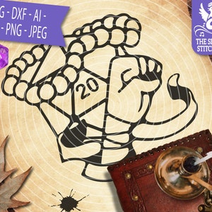 May include: Black and white line art illustration of a 20-sided die with a fist holding it. The die is surrounded by a chain.