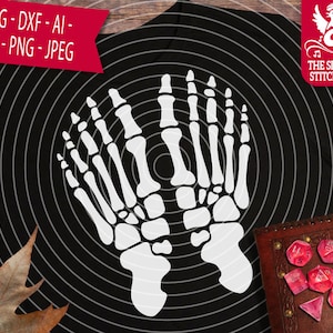 May include: A white silhouette of two skeletal hands on a black background with concentric circles. The hands are facing each other with fingers extended.