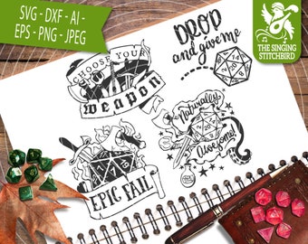 Paquete de citas de juego de rol 2 SVG DXF, Descarga instantánea, Gráficos Stitchbird, Uso comercial, Estudio de silueta, Cricut, DnD D20 Clipart