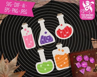 Botellas de veneno de colores SVG DXF, Descarga instantánea, Uso comercial de gráficos Stitchbird, Cricut de estudio de silueta, Imágenes prediseñadas de Halloween, Archivo cortado