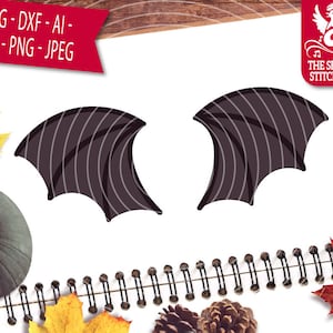 Puede incluir: Dos alas negras y blancas a rayas, que se asemejan a las de un murciélago o un dragón, están aisladas sobre un fondo blanco. Las alas son simétricas y tienen una forma puntiaguda.