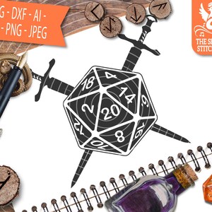 D20 - Swords - Black SVG, Dungeons and Dragons Commercial Use, Silhouette SVG, Silhouette Studio Cricut Eps, Dxf, DnD svg, D20 svg, RPG svg