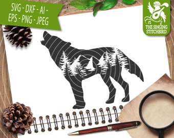 Cordillera del lobo aullador SVG DXF, descarga instantánea de archivos de corte de calcomanía, uso comercial de gráficos Stitchbird, Silhouette Studio Cricut, Eps, Dxf
