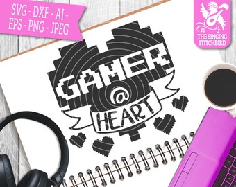 Gamer At Heart SVG DXF, Instant Download, Stitchbird Graphics, Commercial Use, Silhouette Studio Cricut, Gaming Clipart, Gamer, Pixel Heart