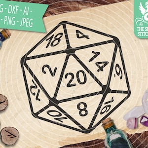 May include: A black and white illustration of a twenty-sided die, also known as a d20, with numbers 2, 4, 6, 8, 10, 12, 14, 16, 18, and 20 visible.