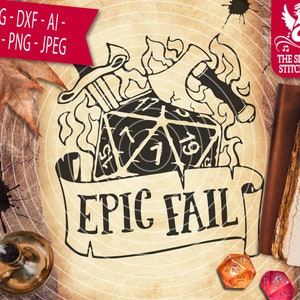 Puede incluir: Una ilustración en blanco y negro de un dado en llamas con el número 1 visible. El dado está rodeado de llamas y una pancarta que dice "EPIC FAIL".