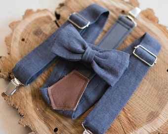 Set of suspenders bow tie men | made of natural linen fabric