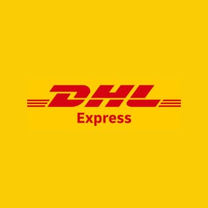 K&ouml;nnte beinhalten: Das DHL Express Logo ist rot mit gelbem Hintergrund. Das Logo zeigt die Buchstaben DHL in einer stilisierten Schriftart mit einem diagonalen Strich durch die Buchstaben. Das Wort "Express" steht unter dem Logo.