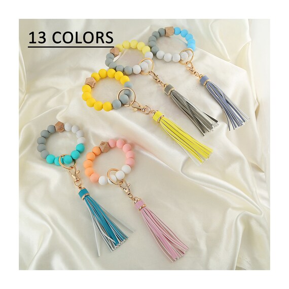 Portachiavi Bracciale In Silicone Con Nappa In Pelle - Perline Per Donne, Viola/Nero/Blu