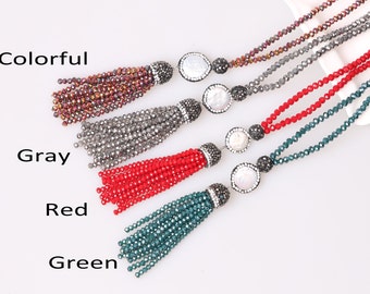 Handmade Double Knotted Crystal Necklace，Women Beaded Necklace,Charm Pendant Necklace,Tassel Necklaces for Girls,Long Crystal Beads Necklace