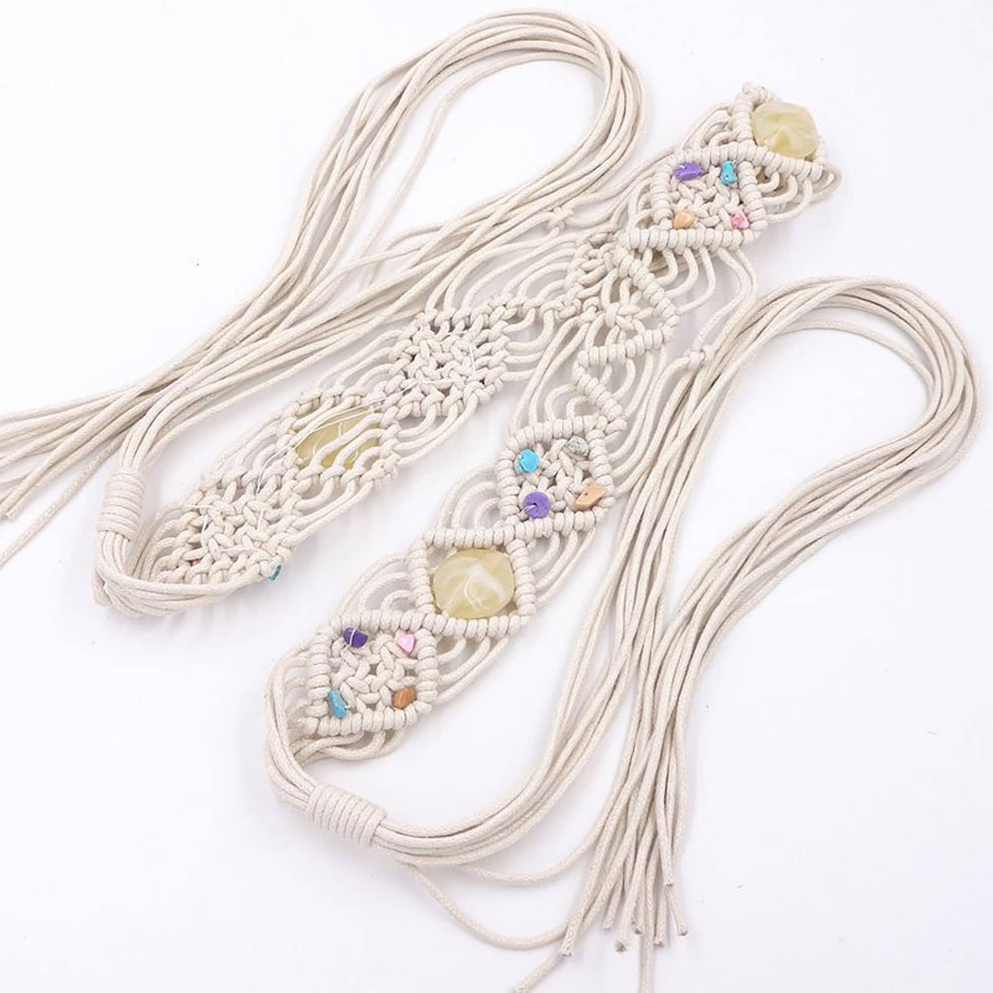 Trio of Boho Tie Back Belts White Cutout Studded Leather, Macrame and Denim Glossy White Pyramid Studded Belt: Vegan Leather Punk Goth  main image 2