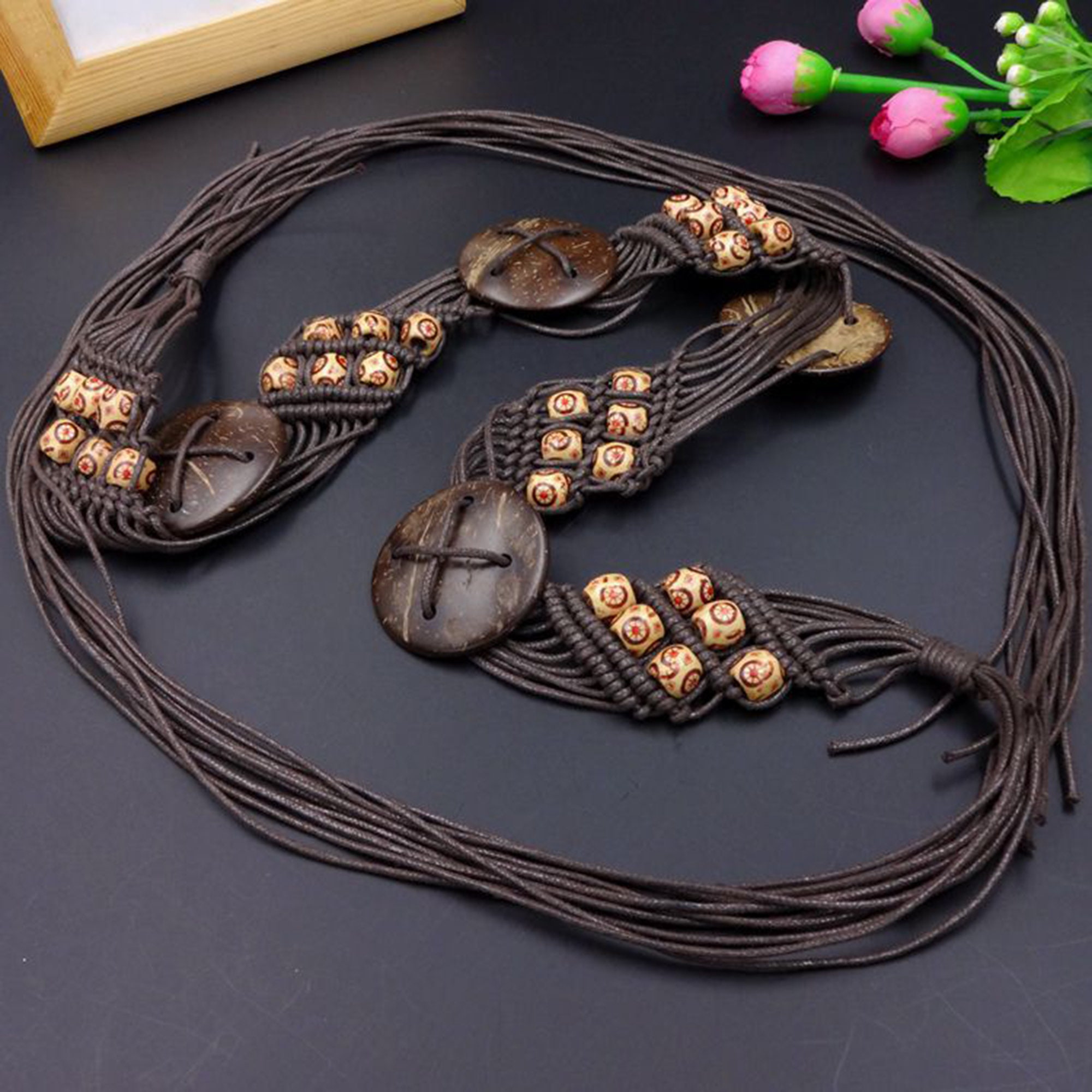 Vintage Boho Hippie Coconut Shell Faux Leather Macrame Belt il_fullxfull.6568642382_b6qg.jpg main image 2