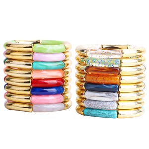 Chunky Acrylic Bracelet,Gold Tube Beads Bangle,Stackable Bracelet,Bamboo Curved Tube Bracelet,Bamboo Bead Bangle, colorful bracelet stack