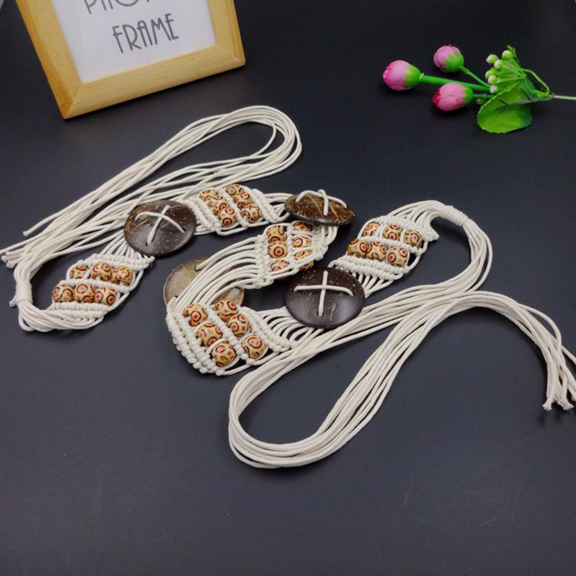 Macrame Fashion Belt Brown Boho Braided Beaded Wood Coconut Shell Fringe Festive Brown Braided Beaded Wood Coconut Shell Tie Belt Fringe  main image 3