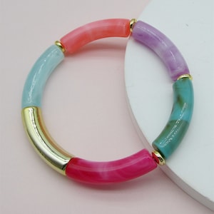 Colorful Shiny Acrylic Bracelet, Tube Beads Bangle,Acrylic tubes Tortoise Chunky chain,Bamboo Curved Tube Bracelet,Pool Jewelry,tube bangle