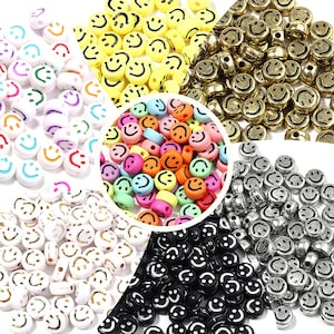 100 peças contas de rosto de sorriso, conta de letra do alfabeto de 7 mm, contas de sorte acrílicas, contas brancas, contas de A-Z, conta de furo grande, conta espaçadora de pulseira DIY kids