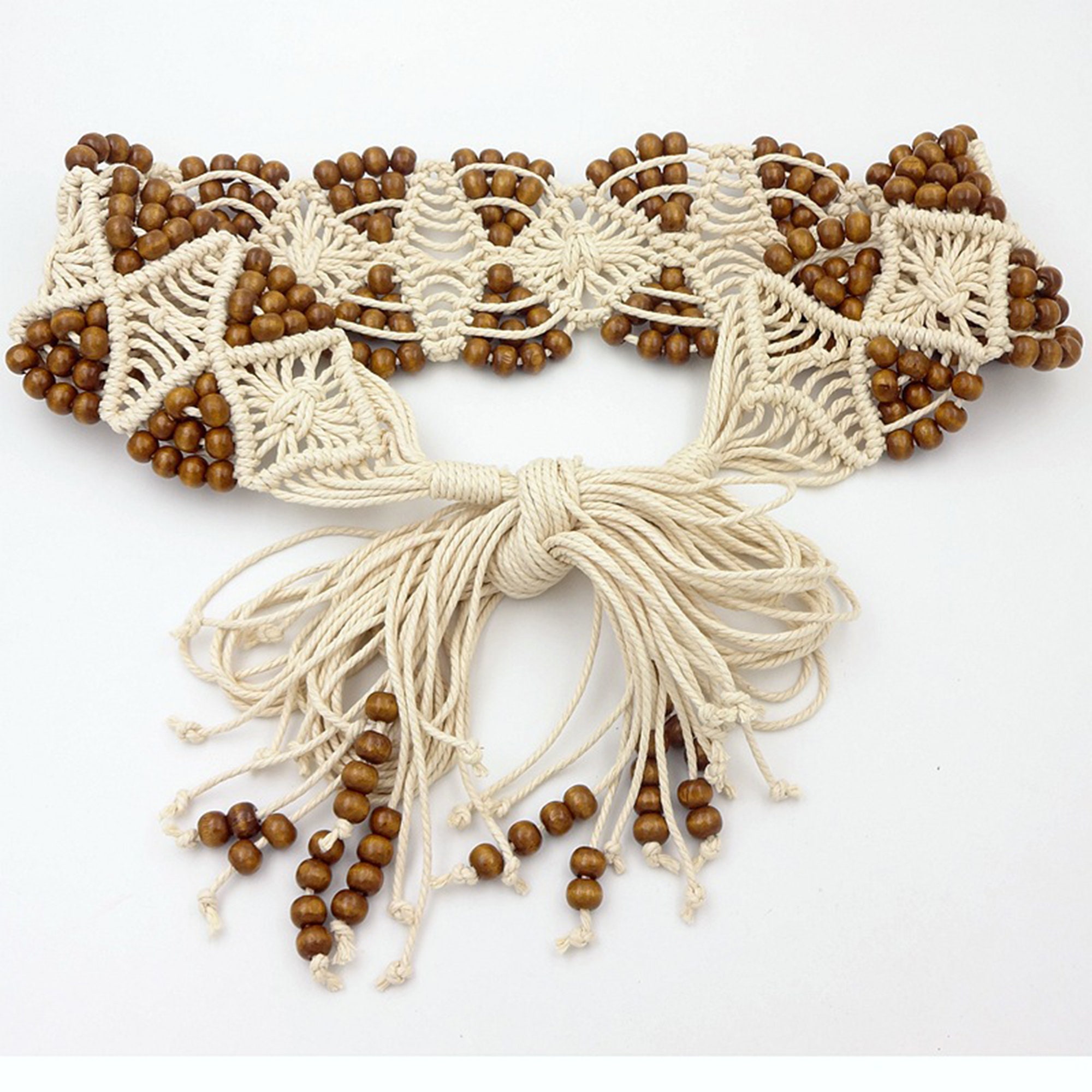 Bohemian Macrame Belt,wood Beaded Belt,white Belt,bradied  display picture 3
