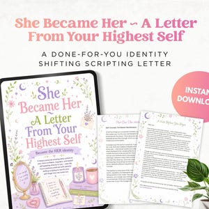 Puede incluir: Un documento digital titulado She Became Her A Letter From Your Highest Self, con ilustraciones florales, un espejo, una vela y un cuaderno. El texto incluye A DONE-FOR-YOU IDENTITY SHIFTING SCRIPTING LETTER e INSTANT DOWNLOAD.