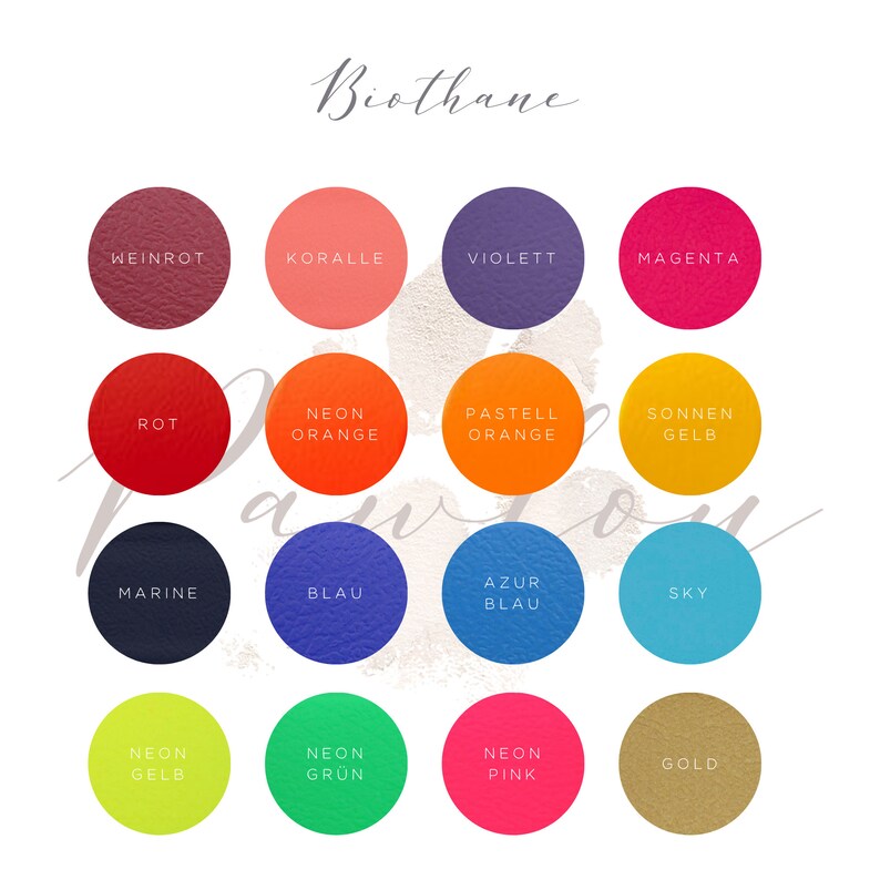 Puede incluir: Una carta de colores con 16 muestras circulares de material Biothane en varios colores. Los colores incluyen rojo, naranja, amarillo, azul, verde, rosa y dorado. La palabra "Biothane" est&aacute; escrita en cursiva en la parte superior.