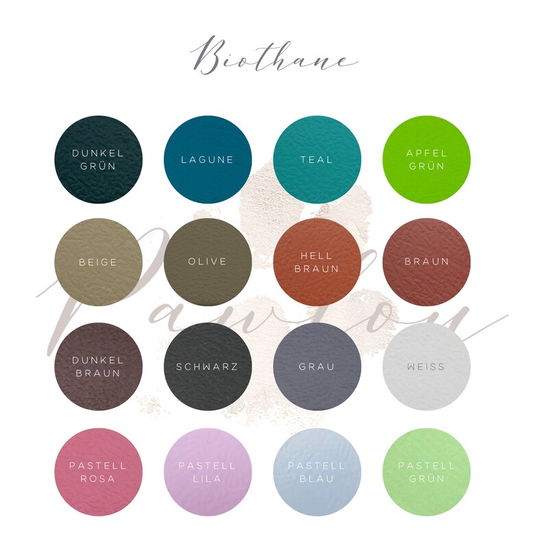 Puede incluir: Una carta de colores con 16 muestras circulares de material Biothane en varios colores. Los colores incluyen verde oscuro, turquesa, oliva, marr&oacute;n, negro, gris, blanco y tonos pastel de rosa, morado, azul y verde. La palabra "Biothane" est&aacute; escrita en la parte superior.