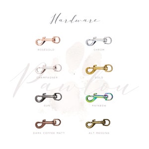 Puede incluir: Una selecci&oacute;n de cierres de hardware met&aacute;licos en varios acabados, incluyendo oro rosa, cromo, champ&aacute;n, oro, ca&ntilde;&oacute;n de fusil, arco&iacute;ris, caf&eacute; oscuro mate y alt messing. La palabra "Hardware" est&aacute; escrita en la parte superior de la imagen.
