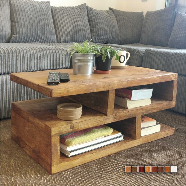 Rustic Coffee Table  Living Room Table Handmade Wooden Side Table with Greek Meander Profile Shape