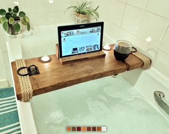 Handmade Rustic Wood Bath Caddy: Nautical Bath Bridge. Tablet Book and Wine Holder