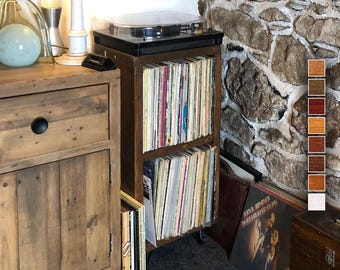 Vinyl Record Storage Unit: 2-Tier Rustic Pinewood Music Stand