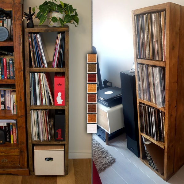 Rustic Vinyl Storage Unit - Pinewood Music Record Stand - Free Standing 4 Tier Wood Shelf