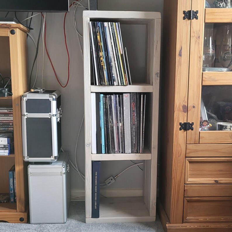 3 tier LP storage unit shown in the white wash wood stain