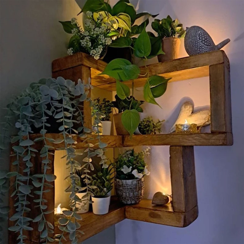 Customers small antique pine corner shelf shown in a corner