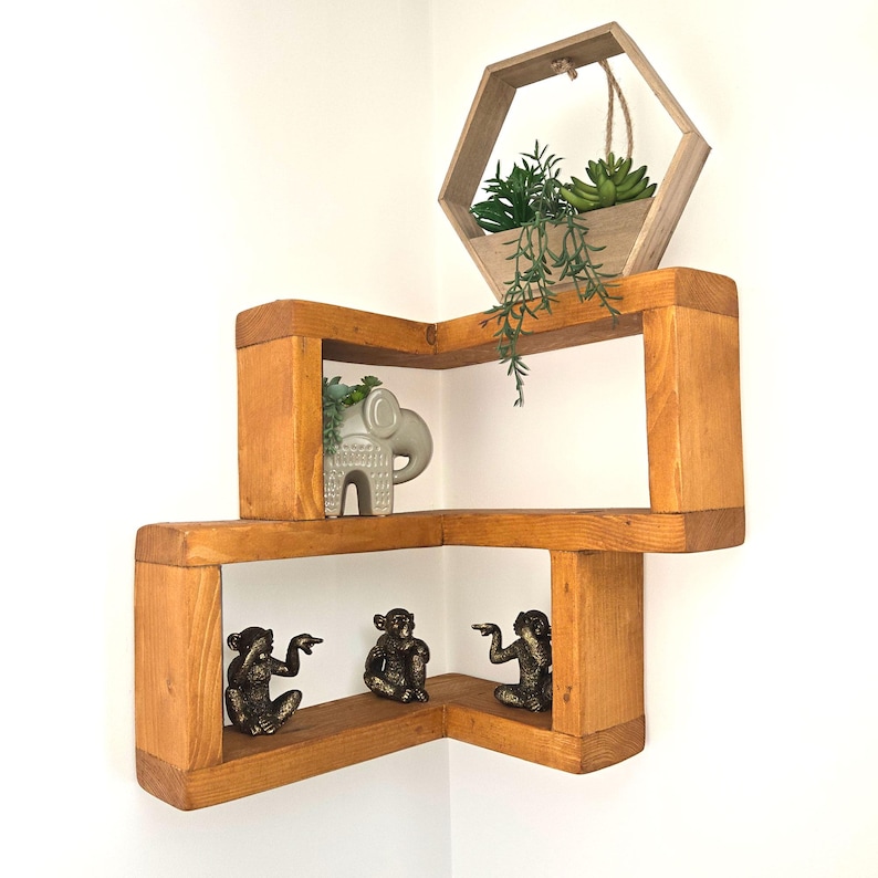 image showing small corner shelf in a natural oak stain