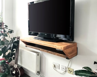 Floating TV Unit - Rustic Wall Mounted Television Shelf - Wooden TV Stand