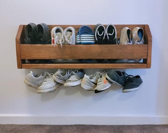 Rustic Pinewood Wall Mounted Shoe Rack with Steel Hooks