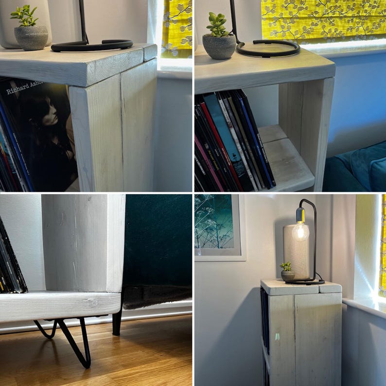 collage image showing the 3 tier vinyl storage unit in a white wash stain