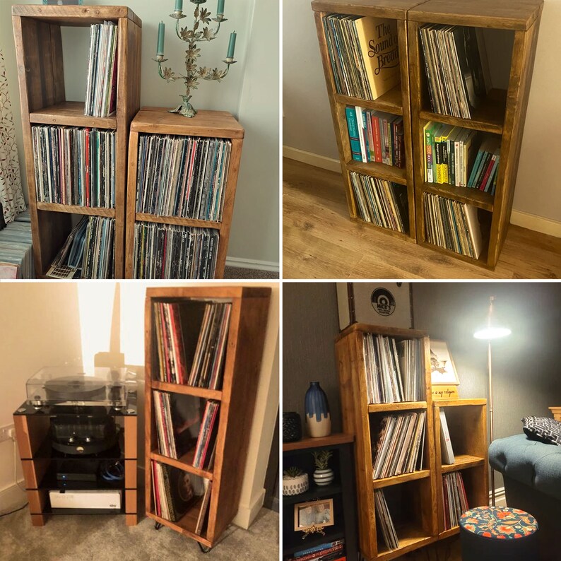 various images showing 2 and 3 tier wooden vinyl record storage units